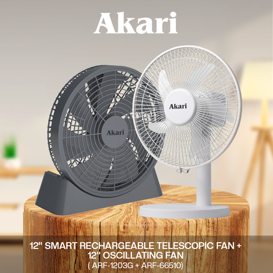 Akari 12" Smart Rechargeable Telescopic Fan (ARF-1203) w/ free 10" OSCILLATING FAN ( ARF-66510 )