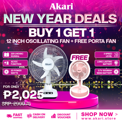 Akari 12" 20W Rechargeable Oscillating Fan (ARF-5313F) w/ free 4" Rechargeable Portafan (ARF-F013)