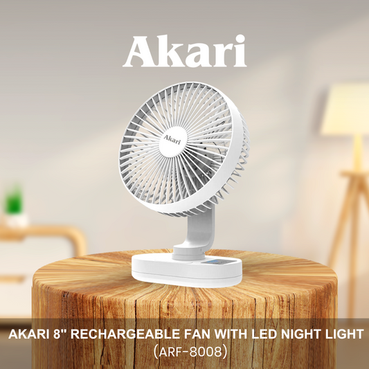 Akari 8" Rechargeable Fan with LED Night Light (ARF-8008)