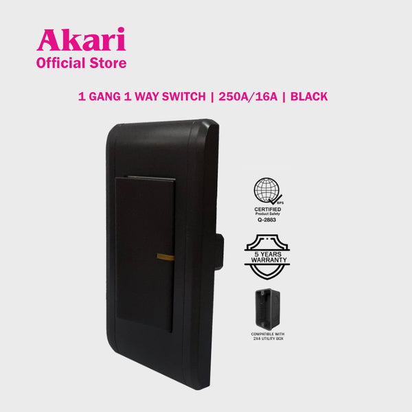 Akari 1 Gang 1 Way Switch 250V / 16A, V Series, Black (AWD2014V(B)