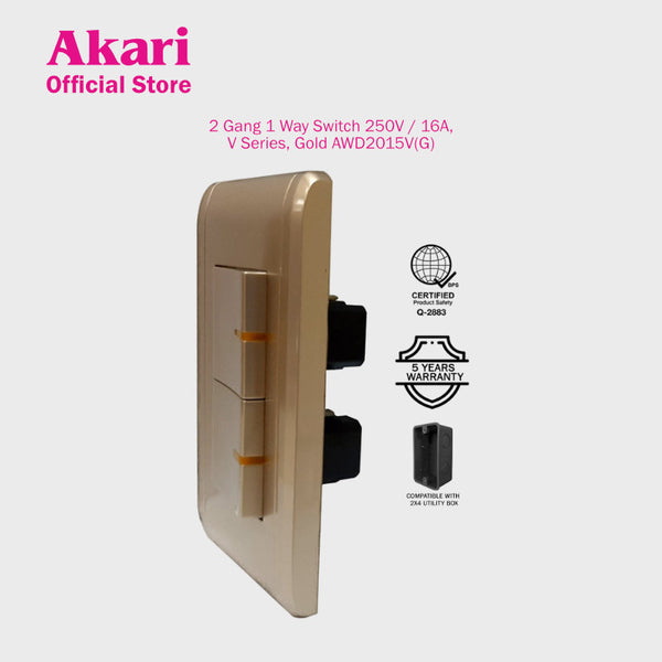 Akari 2 Gang 1 Way Switch 250V / 16A, V Series, Gold (AWD2015V(G)