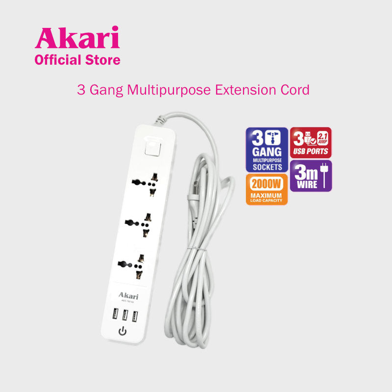 Akari 3 Gang Multipurpose Sockets with  2.1A USB Charging Port (AEC-7673U)