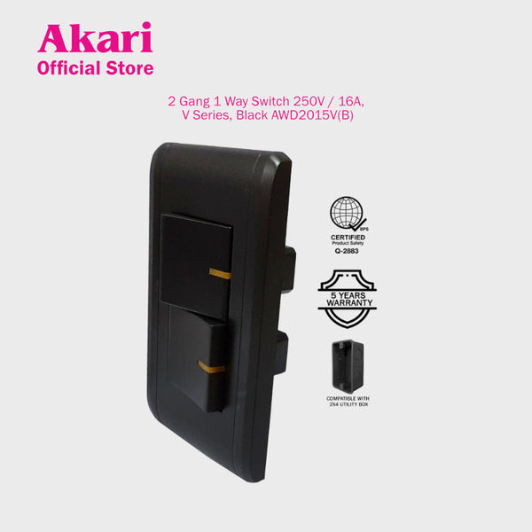 Akari 2 Gang 1 Way Switch 250V / 16A, V Series, Black (AWD2015V(B)