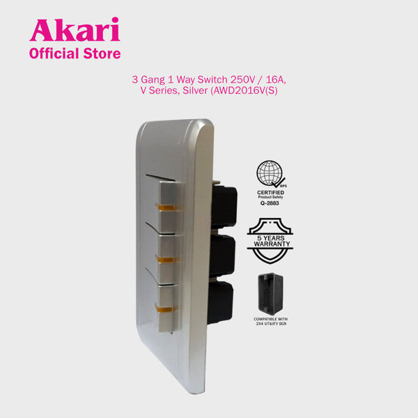 Akari 3 Gang 1 Way Switch 250V / 16A, V Series, Silver (AWD2016V(S)