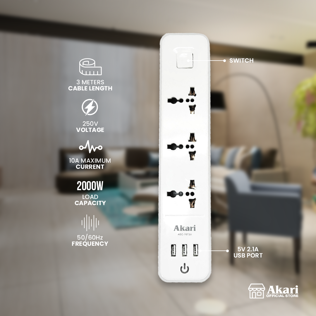 Akari 3 Gang Multipurpose Sockets with  2.1A USB Charging Port (AEC-7673U)